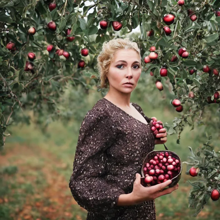 Image similar to a closeup portrait of a woman wearing diamond armor, picking pomegranates from a tree in an orchard, foggy, moody, photograph, by vincent desiderio, canon eos c 3 0 0, ƒ 1. 8, 3 5 mm, 8 k, medium - format print