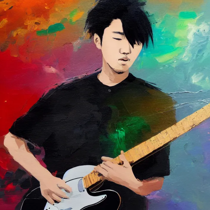 Image similar to large brush abstract! painting candid view of a young korean male musician wearing stylish black v neck t shirt holding a telecaster!!! electric guitar!!, thick flowing dramatic brush strokes, dark matte colors, abstract, impressionist, motion, trending on artstation