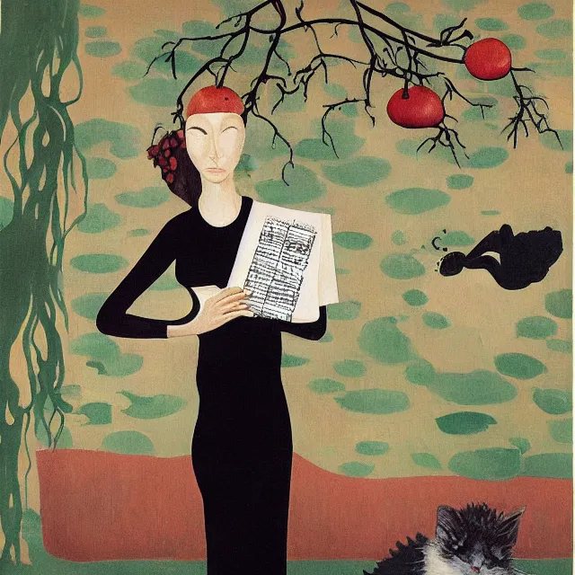 Image similar to tall female catgirl artist holding sheet music in her flooded apartment, pomegranates, octopus, water gushing from ceiling, painting of flood waters inside an artist's apartment, a river flooding indoors, mushrooms, ikebana, zen, rapids, waterfall, black swans, canoe, berries, acrylic on canvas, surrealist, by magritte and monet