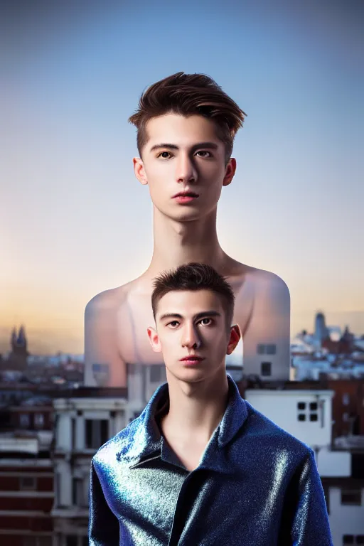 Image similar to un ultra high definition studio quality photographic art portrait of a young man standing on the rooftop of a british apartment building wearing soft baggy inflatable padded silver iridescent pearlescent clothing. three point light. extremely detailed. golden ratio, ray tracing, volumetric light, shallow depth of field. set dressed.