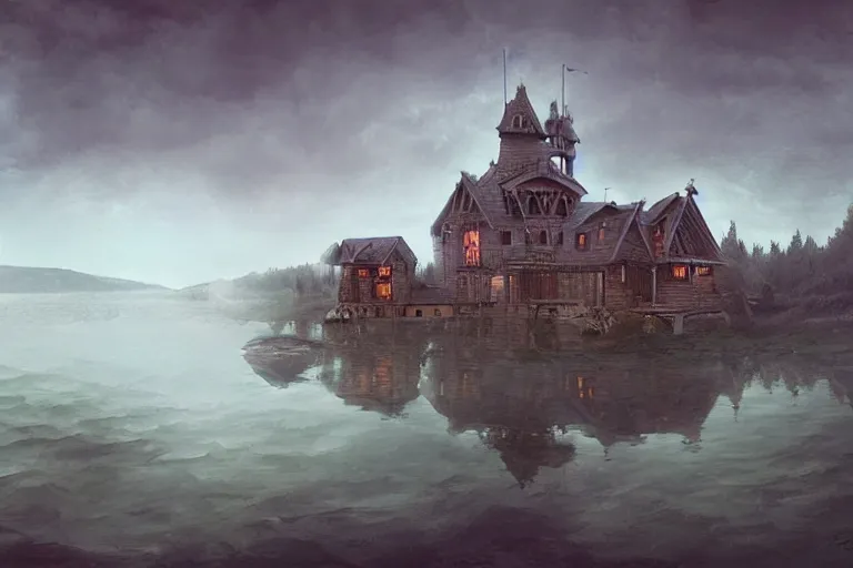 Prompt: a mysterious castle floating in the middle of a vast lake by a wooden cabin by a farm, ultra realistic by sabbas apterus