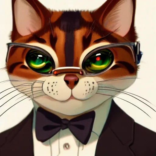 Image similar to a highly detailed close up portait of a cute little anthropomorphic cat wearing a suit by studio ghibli, tiny, small, cute and adorable, pretty, beautiful, character art portrait, matte painting, Artstation