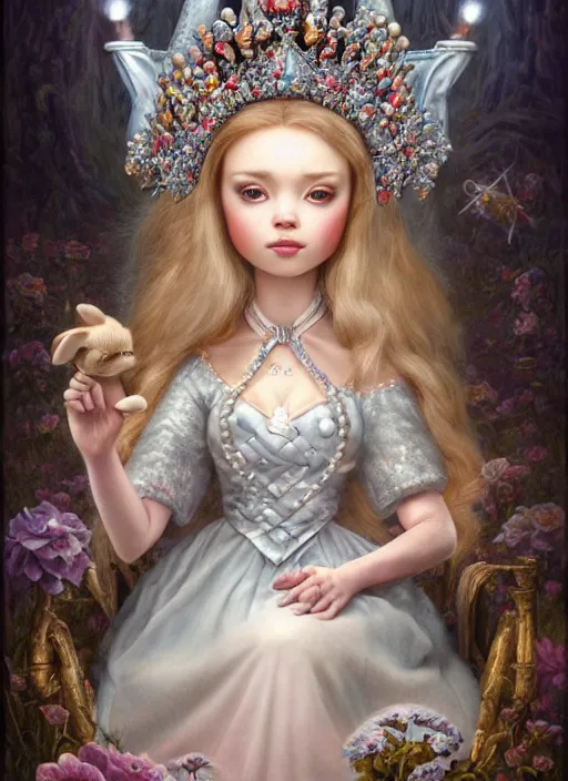 Image similar to highly detailed closeup portrait of a nurse princess wearing a crown and sitting on an ice throne surrounded by bunnies, nicoletta ceccoli, mark ryden, lostfish, earl nore, hyung tae, frank frazetta, global illumination, god rays, detailed and intricate environment