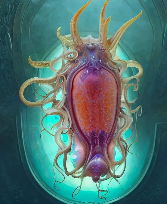 Image similar to intricate colorful transparent portrait of a terrifying beautiful alien sea slug, horns, mottled coloring, adorable, childlike, anxiety environment, ultra realistic, concept art, art nouveau, photorealistic, octane render, 8 k, unreal engine. art by christopher marley and artgerm and greg rutkowski and alphonse mucha