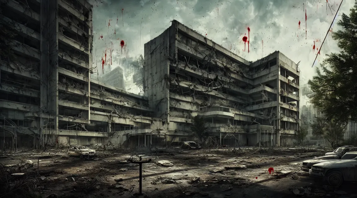 Image similar to post apocalyptic hospital building, people fighting, morning, building, avenue, modern contemporary urban americana concrete architecture, by pascal blanche, neil blevins, apocalyptic color palette, trending on artstation, photorealistic, wilderness ambiance, ultra detailed, high definition, depth of field, bokeh, rubble, wild vegetation, blood stains, building crumbling