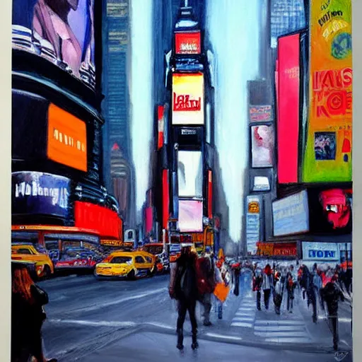 Prompt: famous artist painting in New York Times Square, realistic