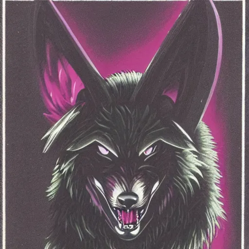 Image similar to 1 9 8 0 s video game art portrait of anthropomorphic wolf o'donnell from starfox fursona furry dark grey wolf in a dark space mercenary uniform, looking heroic, magazine scan, 8 0 s game box art, dark grey wolf o'donnell