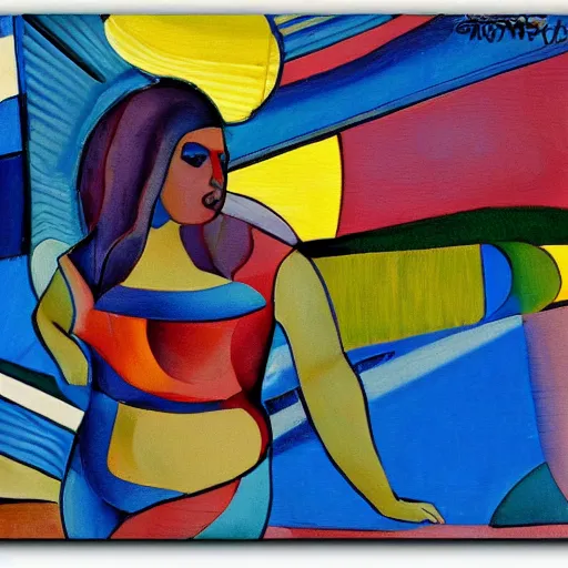 Image similar to fat latin woman dancing, brilliant sunset, cubism, texture, no collage