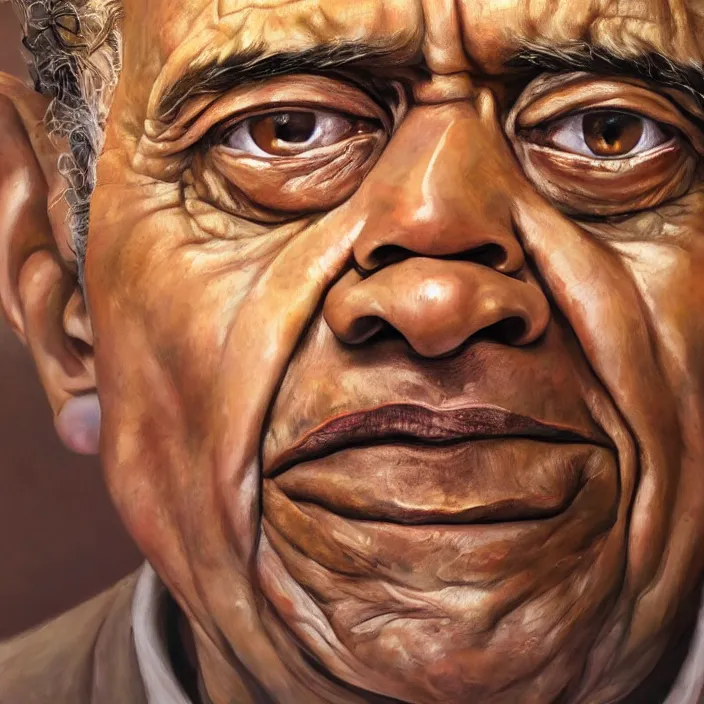 Image similar to hyperrealistic close up studio portrait of aging old Barak Obama age 103 wrinkled sorrowful, oil painting by Ivan Albright and Lucian Freud and Ron Mueck, trending on artstation Studio lighting hyperrealism