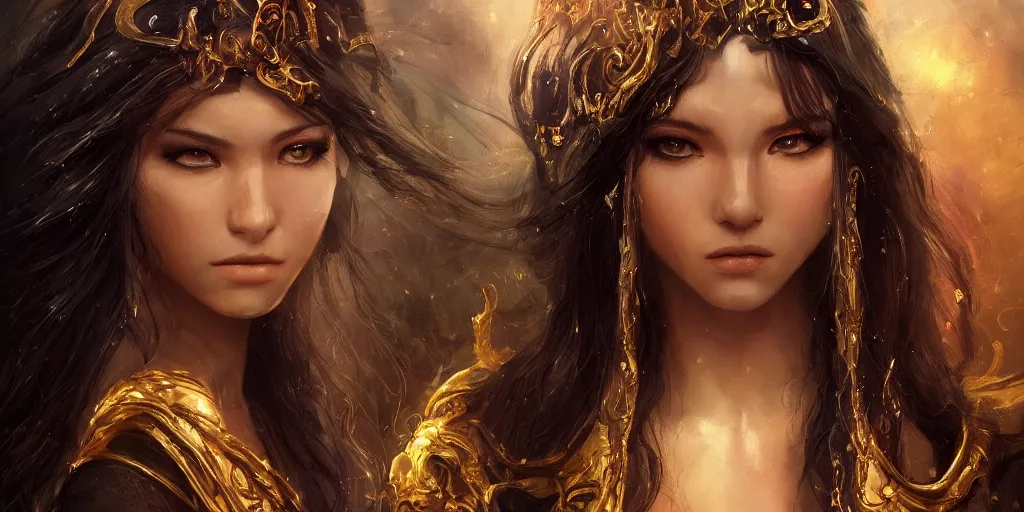 Image similar to a young beautiful oracle with long black hair weavering golden string of magic, barroque painting, ultra realistic. cinematic, dynamic. magic the gathering style. epic fantasy, insanely detailed, 4k, symmetrical face, rpg character reference. gourgeous.