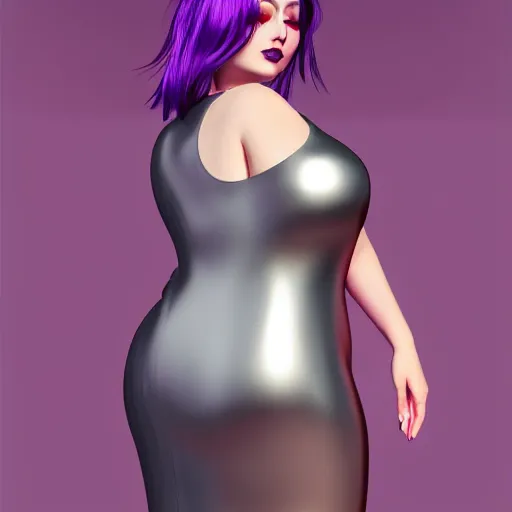 Image similar to curvy feminine goth young woman with dignified tight silver latex-nylon-silk dress, relaxed posture, purple makeup, photorealistic, cgsociety, sublime, 16k, smooth, sharp focus, ArtStation, hyperdetailed, volumetric lighting