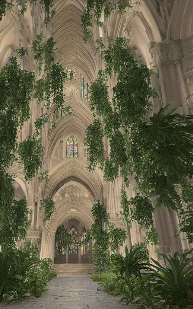 Image similar to beautiful grand cathedral interior with!! koi pond!! in the! middle! surrounded by palm trees, ivy,!! flowers!!, ( tropical plants ),!! roses!!, and with archways, rendered in octane render with photorealistic volumetric cinematic lighting, wide angle, horizontal symmetry, symmetrical! 8 k