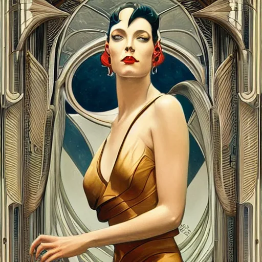 Prompt: a streamline moderne, ( art nouveau ), ( ( dieselpunk ) ) painting in the style of charlie bowater, and in the style of donato giancola, and in the style of charles dulac. symmetry, smooth, sharp focus, hyperrealism, intricate symmetrical ultrafine background detail.