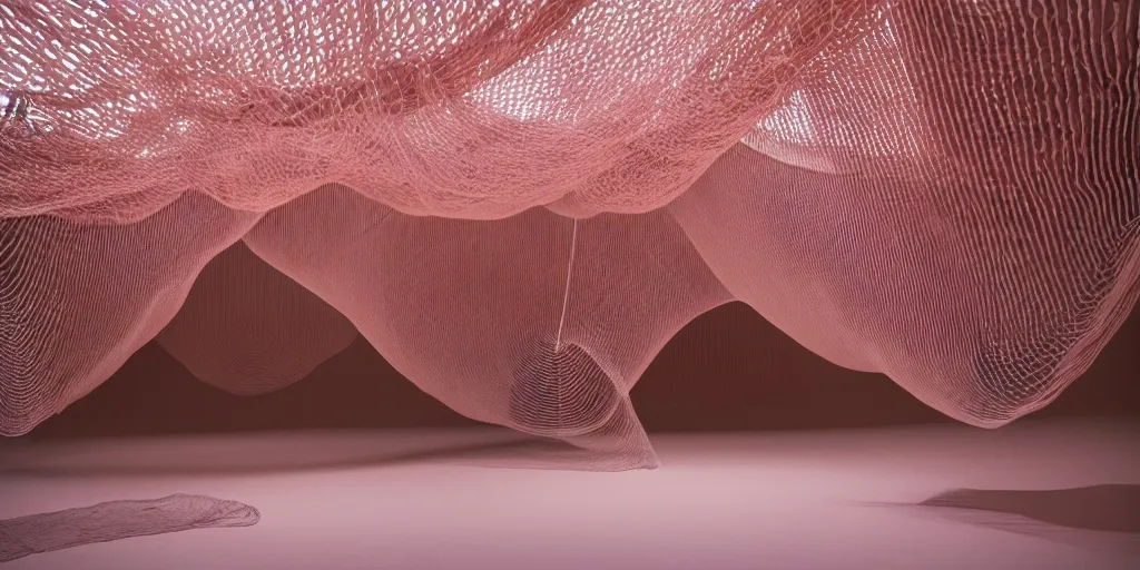 Image similar to soft biomorphic structures out of stocking - like material and nets that fills with various objects like spices, sand and shells by ernesto neto, dusty pink with light - mint color, film still from the movie directed by denis villeneuve with art direction by zdzisław beksinski, telephoto lens, shallow depth of field