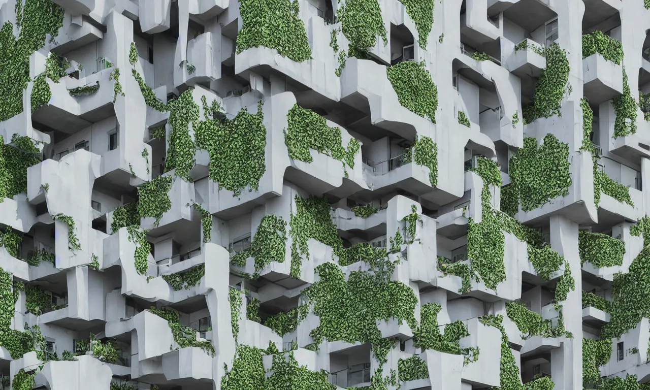 Prompt: algae concrete additive printed multifamily modern architecture in thailand city, colorful geometric exterior rain - screen cladding, architectural sculptural interior, visually satisfying architecture render in vray