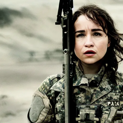 Image similar to a photograph of emilia clark as a female soldier, cinematic lightening, professional, pentax k 1 0 0 0, sharp focus