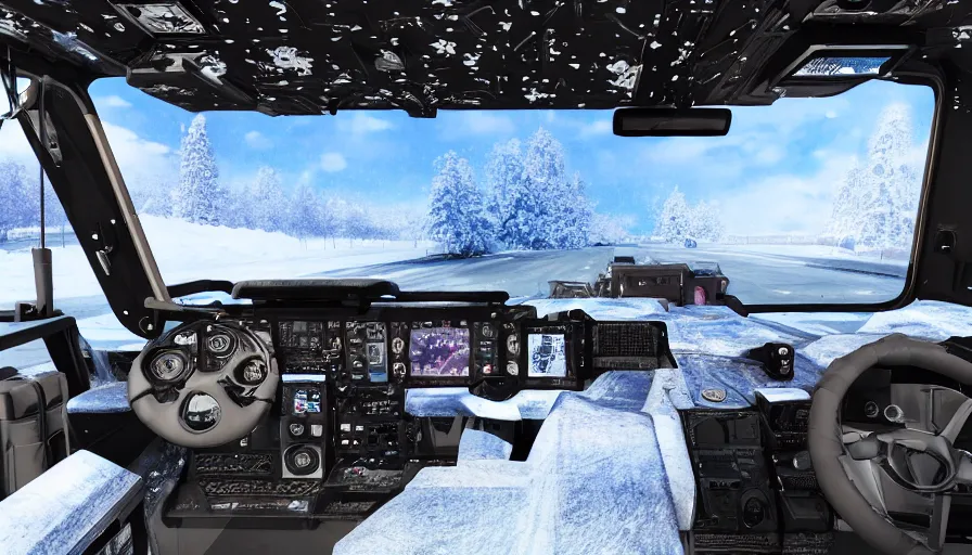 Prompt: spacious truck cockpit, intricate and decorated, winter landscape outside, volumetric lighting, photorealistic rendering, hyperreal