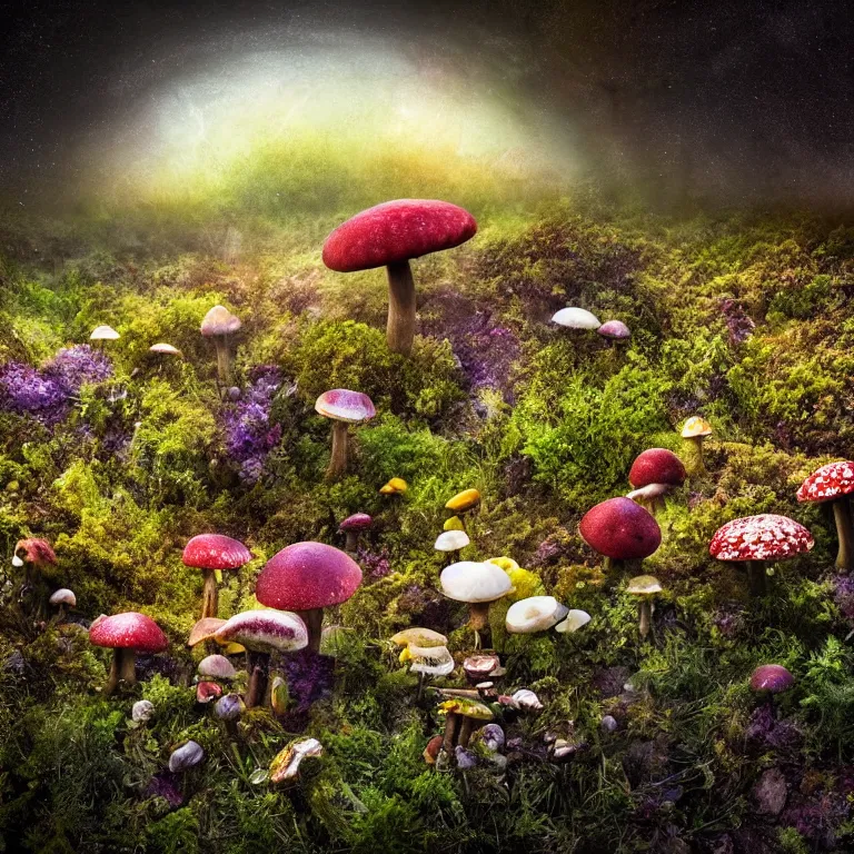 Image similar to a planet of various fungus, mushrooms, flowers and plants, inside the picture is infinity, Atmospheric, artistic photography, conceptual, long exposure outside the city, volumetric light