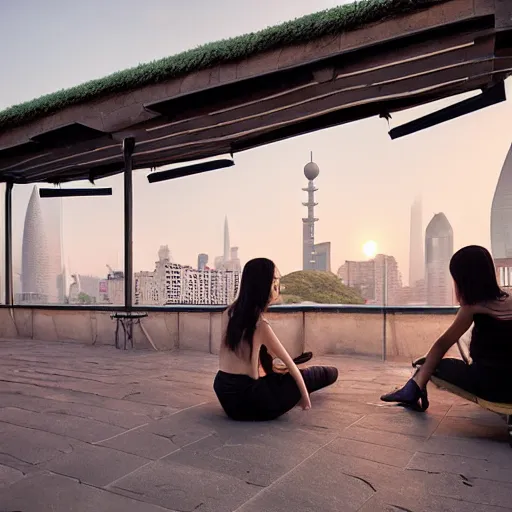 Image similar to a small rooftop with a couple of people sitting and watching the view, wearing black modern clothes, modern shanghai bund is on the background, sunset, by gregory crewdson