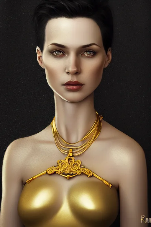 Image similar to Portrait of a beautiful pale skin Nordic female with short black hair, elegant, photorealistic, highly detailed, artstation, smooth, sharp focus, gold ornaments, neon lighting, sci-fi, art by Klimt.