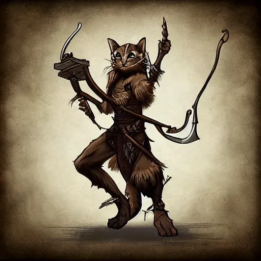 Image similar to “ dungeons and dragons tabaxi rogue, anthromorphic cat person with a repeating crossbow in a medieval city, small and big, illustration, fantasy, trending on artstation ”