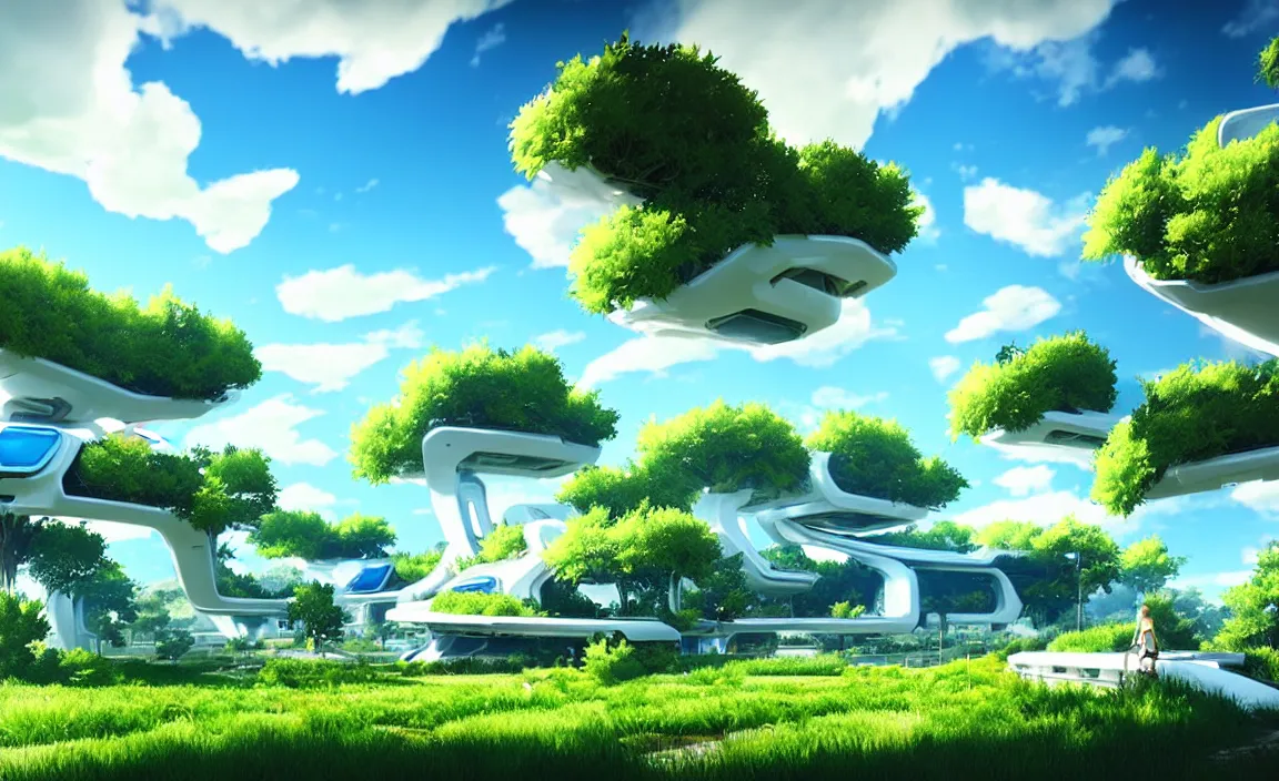 Image similar to big garden, sunshine, outdoors, the blue sky and white clouds, beautiful scenery, futuristic. game cg, hyperdetailed, trending on cgsociety