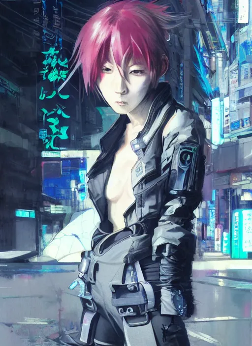 Image similar to hyper - realistic cyberpunk anime woman wearing inline skate, tokyo street, extreme detail, good face, model, concept art, in style of yoji shinkawa, pan ren wei, col price, atey ghailan, by greg rutkowski, aesthetic