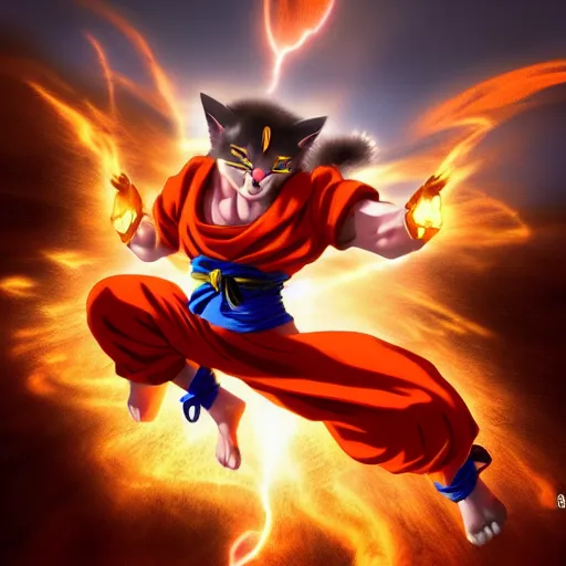 Image similar to cat goku special attack charging, golden hour, fantasy, sharp focus, digital art, hyper realistic, 4 k, unreal engine, highly detailed, hd, dramatic lighting by brom, trending on artstation