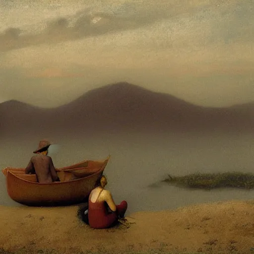 Image similar to “ girls sitting in canoe, on the hudson river, holding beer!!!!!!!!, mountains in fog, painting, by odd nerdrum ”