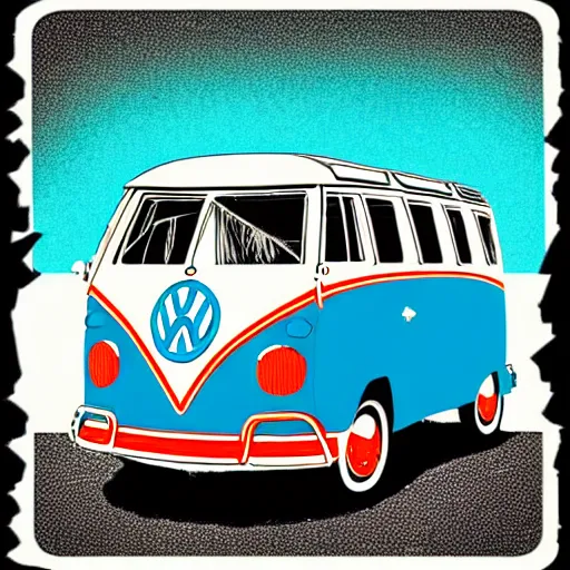 Image similar to illustration of jerry garcia driving a volkswagon bus and waving