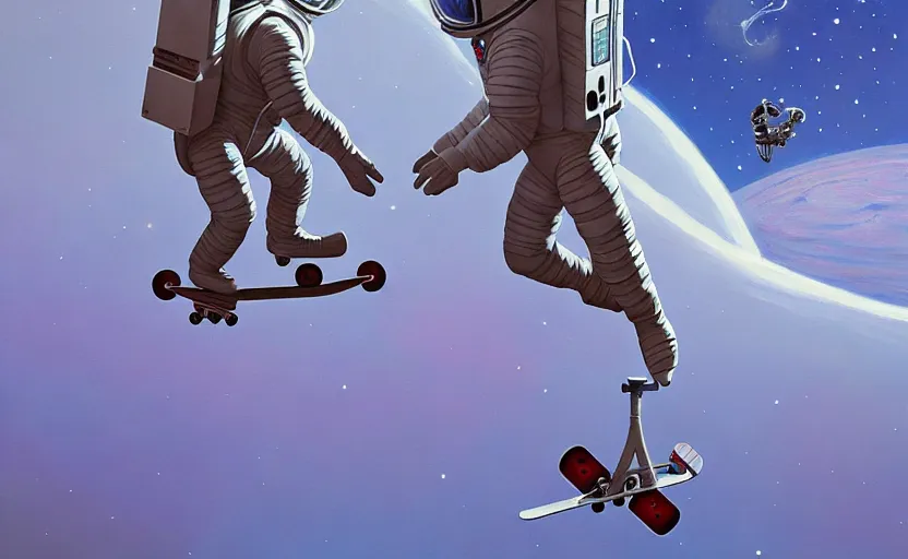 Prompt: an astronaut skate boarding in space, very coherent, painted by Edward Hopper, Wayne Barlowe, painted by James Gilleard, airbrush, art by JamesJean