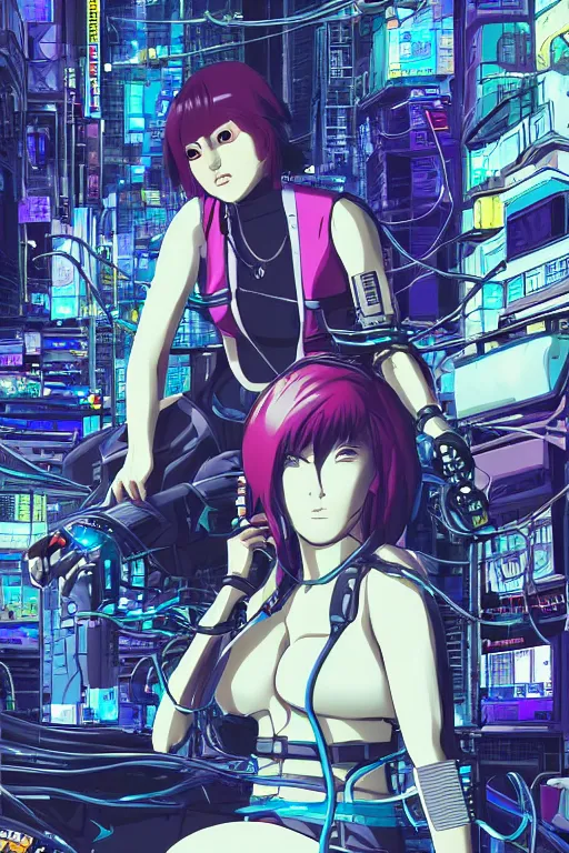 beautiful cyberpunk anime style illustration of motoko