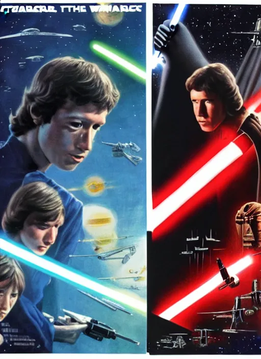 Prompt: Mark Zuckerberg as the protagonist on a Star Wars poster, late 70s, space, scifi