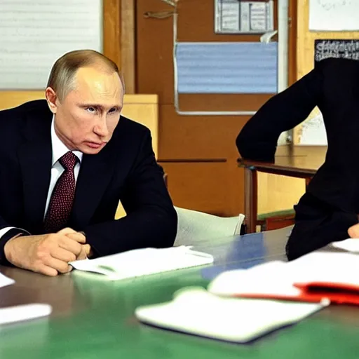 Image similar to a still of vladimir putin being scolded by a teacher at school