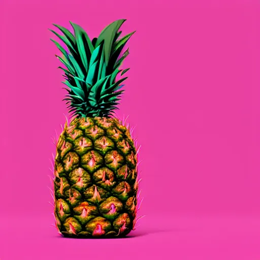 Image similar to 3 d render of a hovering pink pineapple against a pink backdrop with slight sadow underneath ophotorealistic, 4 k, cgsociety, blender, unreal engine 5, sharp details, 3 0 0 dpi