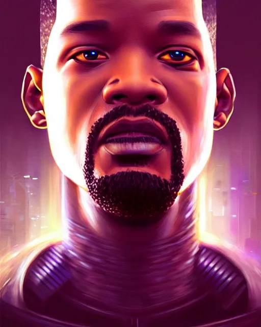 Image similar to portrait of cyberpunk will smith, grim - lighting, high - contrast, intricate, elegant, highly detailed, digital painting, artstation, concept art, smooth, sharp focus, illustration