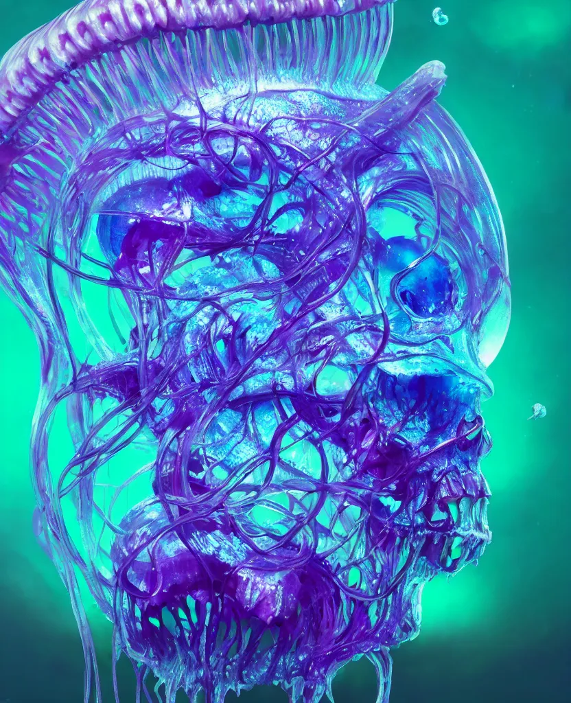 Image similar to close-up portrait of skull dichroic orchid jellyfish skull, betta fish, bioluminiscent creatures, intricate artwork by Tooth Wu and wlop and beeple. octane render, trending on artstation, greg rutkowski very coherent symmetrical artwork. cinematic, hyper realism, high detail, octane render, 8k