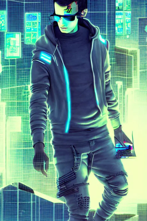 Image similar to santiago michel as a cyberpunk hacker