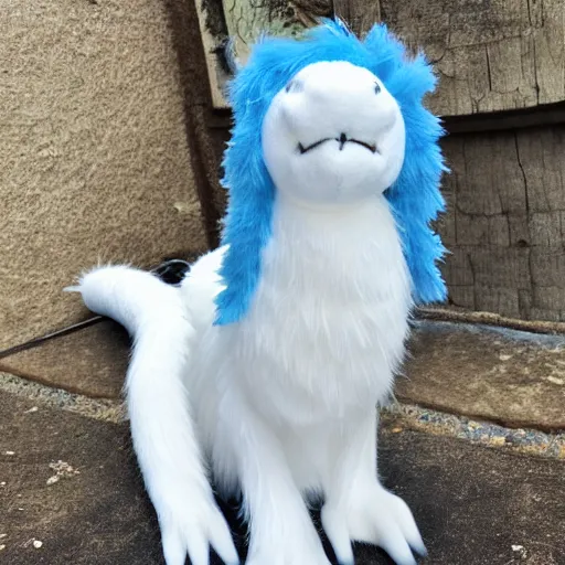 Image similar to white furry dragon with a blue neck mane, 2 grey horns from a 3/4ths angle