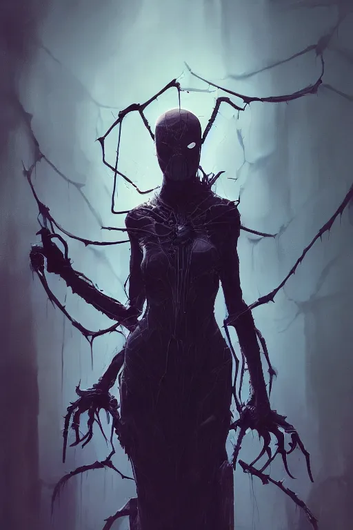 Prompt: A beuatiful portrait of a half spider half women by Greg Rutkowski, beeple, Sung Choi, Mitchell Mohrhauser, Maciej Kuciara, Johnson Ting, Maxim Verehin, Peter Konig, Bloodborne, 8k photorealistic, cinematic lighting, HD, high details, dramatic, dark atmosphere, trending on artstation