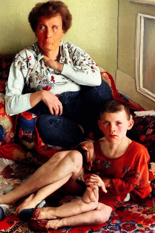 Image similar to portrait of russian athlete young man posing in his grandparents living room, his grandmother sitting on the sofa by a carpet on the wall, 1987, norman rockwell