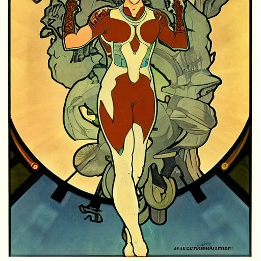 Image similar to Samus from Nintendo by Alphonse Mucha, high detail, peaceful colors