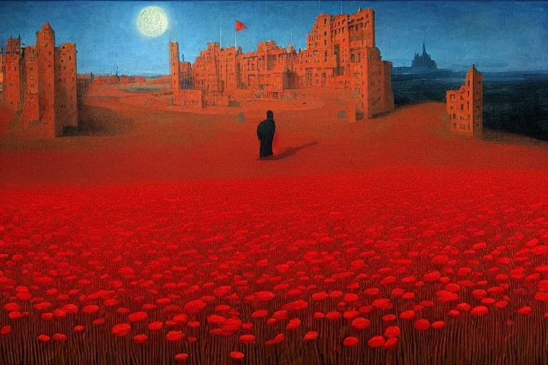 Image similar to only with red, red flowers of different types, a red tiger, a castle in the background, medieval demons dance over the flowers, an ancient path, in the style of beksinski, part by hopper, part by rodcenko, part by hofbauer, intricate composition, red by caravaggio, insanely quality, highly detailed, masterpiece, red light, artstation