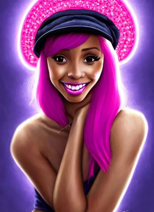 Prompt: portrait of young vanessa morgan with bright pink hair, black girl, vanessa morgan, curly pixie cut hair, wearing a purple newsboy cap, breton cap, confident smile, hoop earrings, intricate, elegant, glowing lights, highly detailed, digital painting, artstation, concept art, smooth, sharp focus, illustration, art by wlop, mars ravelo and greg rutkowski