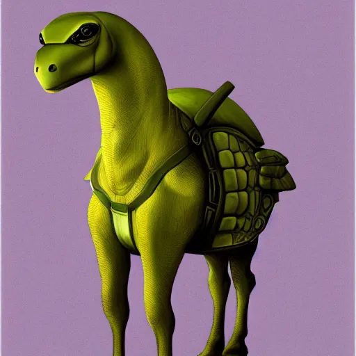 Image similar to military turtle horse, sleek futurism, character design, purple and yellow, trending on artstation, by les edwards