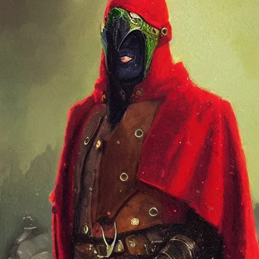 Prompt: portrait of man, emerald mask, golden eyes, red coat, john howe, greg rutkowski