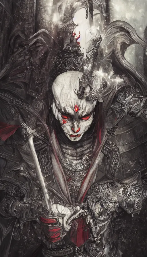 Image similar to Vampire Vladmir Putin over a Medieval Gothic Castle, by Ayami Kojima, studio ghibli, cinematic lighting, intricate, highly detailed, digital painting, trending on artstation, Illustration, epic scale