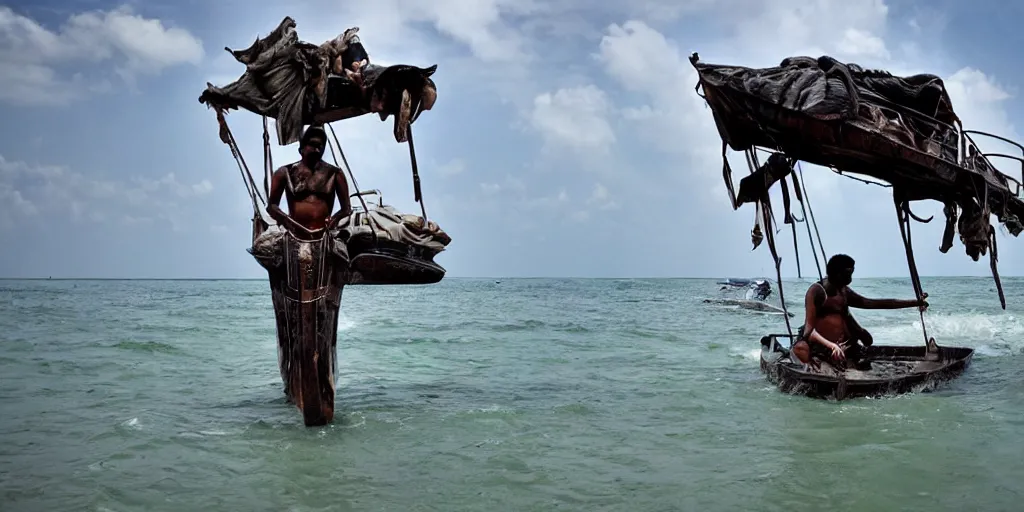 Image similar to sri lankan mad max style, boat, ocean, film still, epic shot cinematography, rule of thirds
