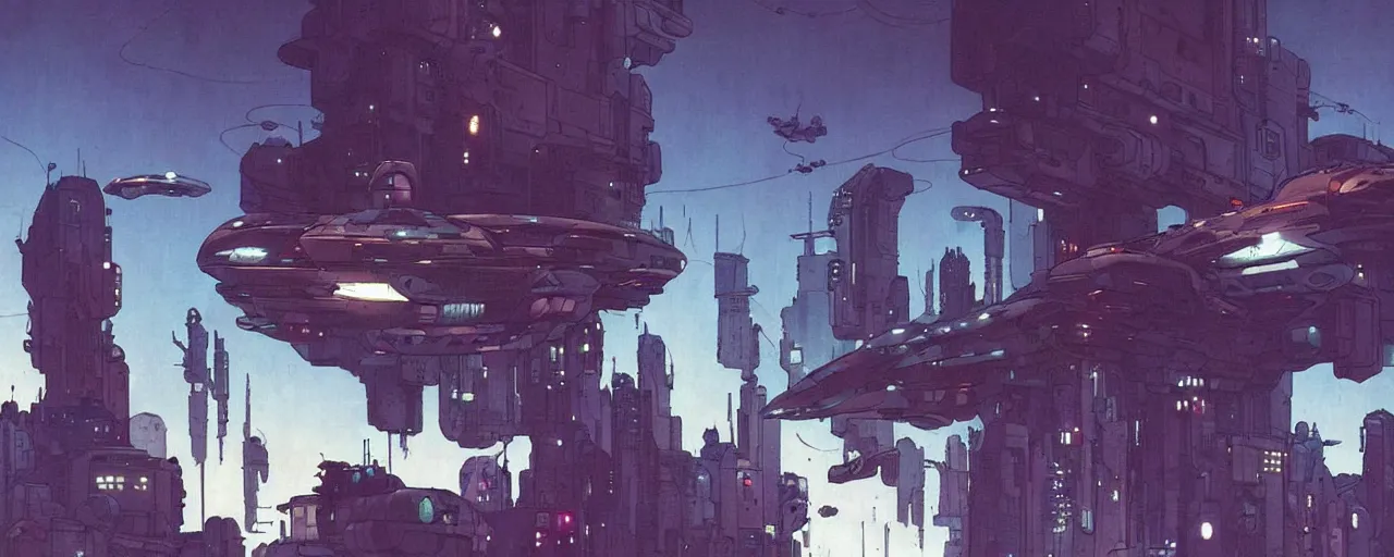 Prompt: a large whimsical spaceship floating above a cyberpunk city, by Mike Mignola, Robbie Trevino, ellen jewett, Yoji Shinkawa