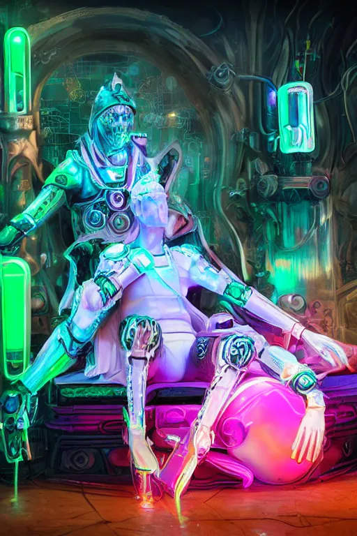 Image similar to fantasy medeival and cyberpunk style white neon statue of a muscular attractive tan male macho dotado android reclining sim roupa con piroca dura, glowing pink face, white baseball cap, green steampunk lasers, emeralds, swirling white silk fabric. futuristic elements. prismatic liquid rainbow light, full-length view. space robots. human skulls. throne made of bones, intricate artwork by caravaggio. Trending on artstation, octane render, cinematic lighting from the right, hyper realism, octane render, 8k, depth of field, 3D